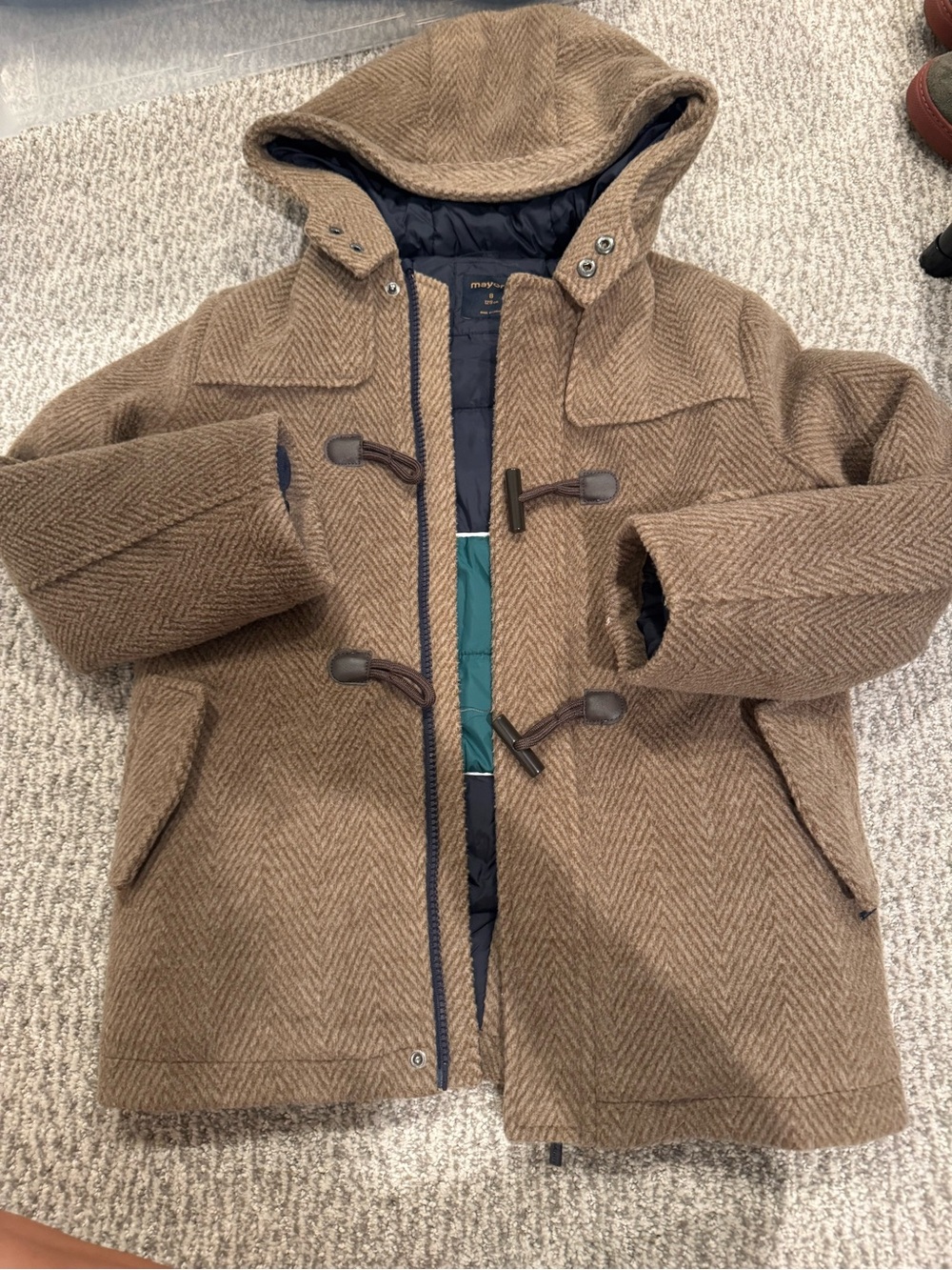 Mayoral Boys Brown Toggle Herringbone Hooded Dress Coat Size 8